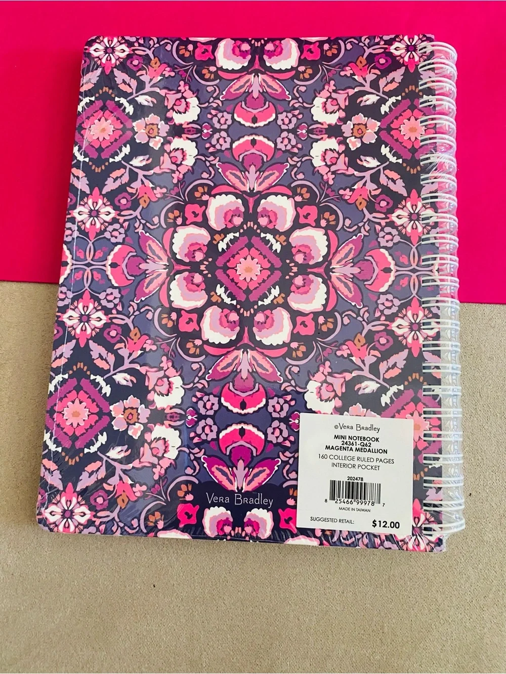 Vera Bradley Mini Spiral Notebook NWT Magenta Medallion. 160 pages